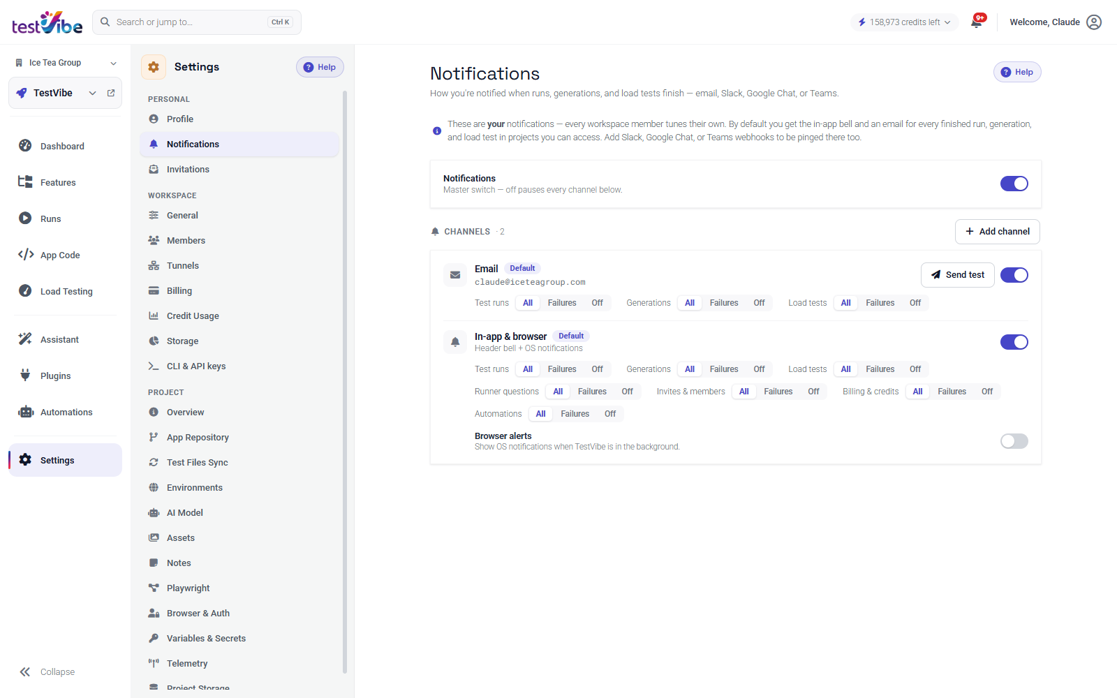 The Notifications settings panel: a master switch, channels like Email and In-app and browser, and per-category All / Failures / Off pills.