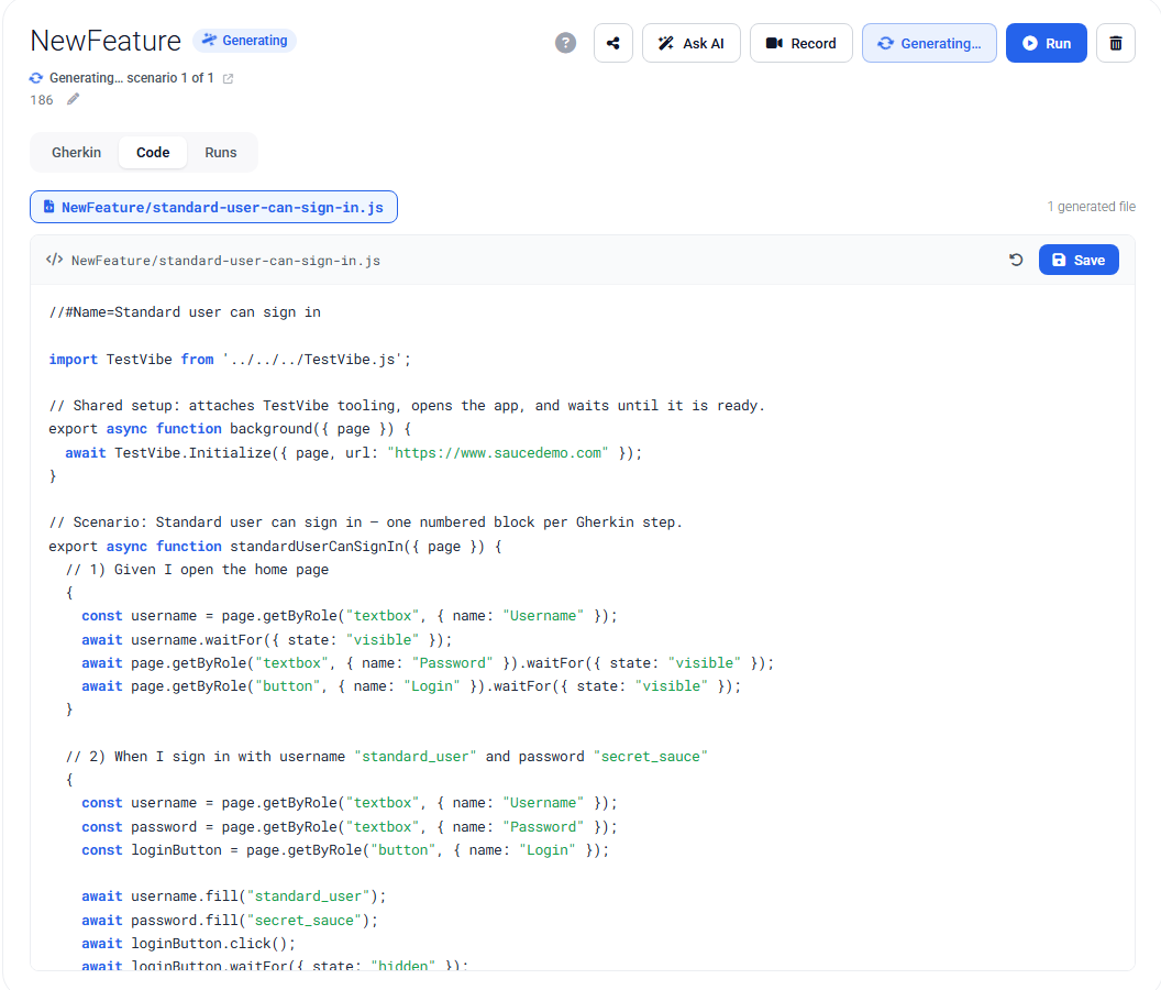 The Code tab of the same feature — the generated Playwright test the AI wrote, one block per Gherkin step