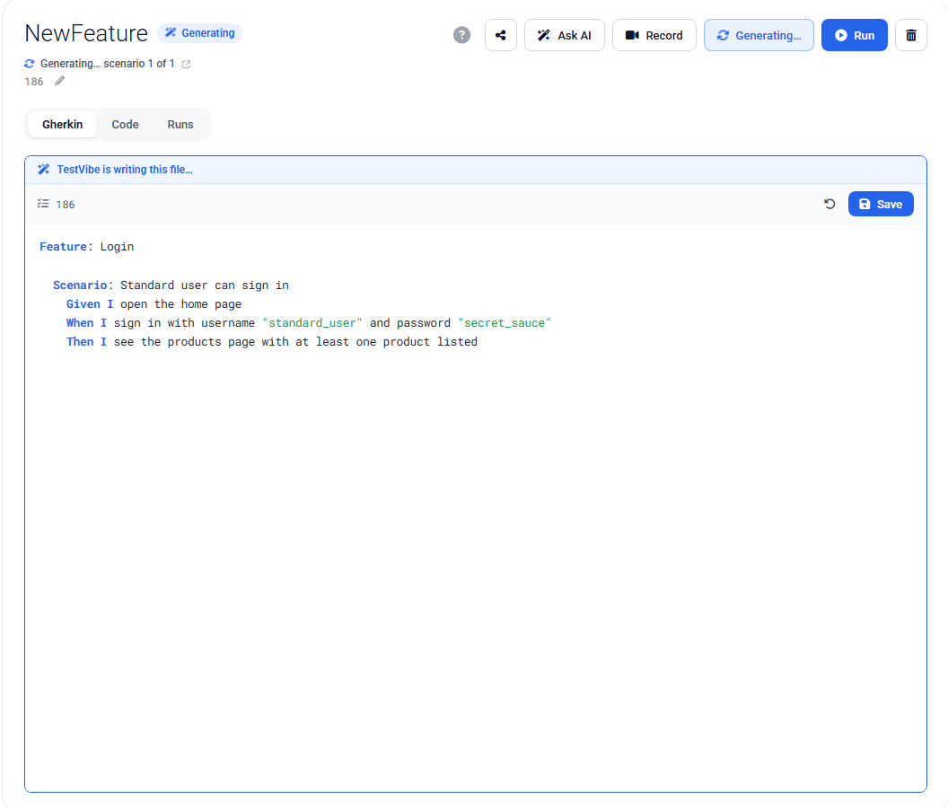 The TestVibe feature editor mid-generation — the Gherkin tab with a plain-English Login scenario and a 'TestVibe is writing this file' banner
