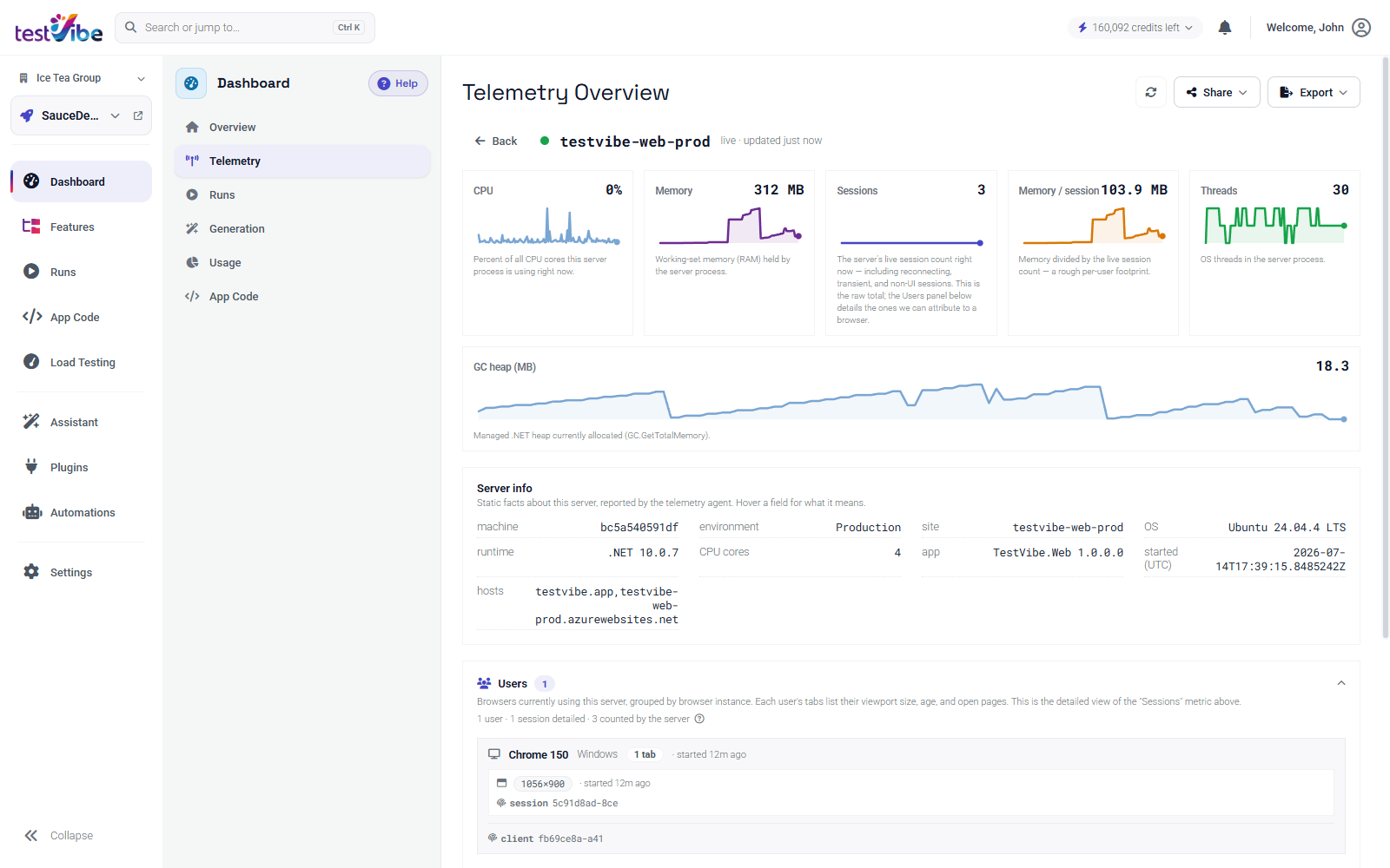 Dashboard → Telemetry: live CPU, memory, sessions, threads, and GC heap from the servers running your app.