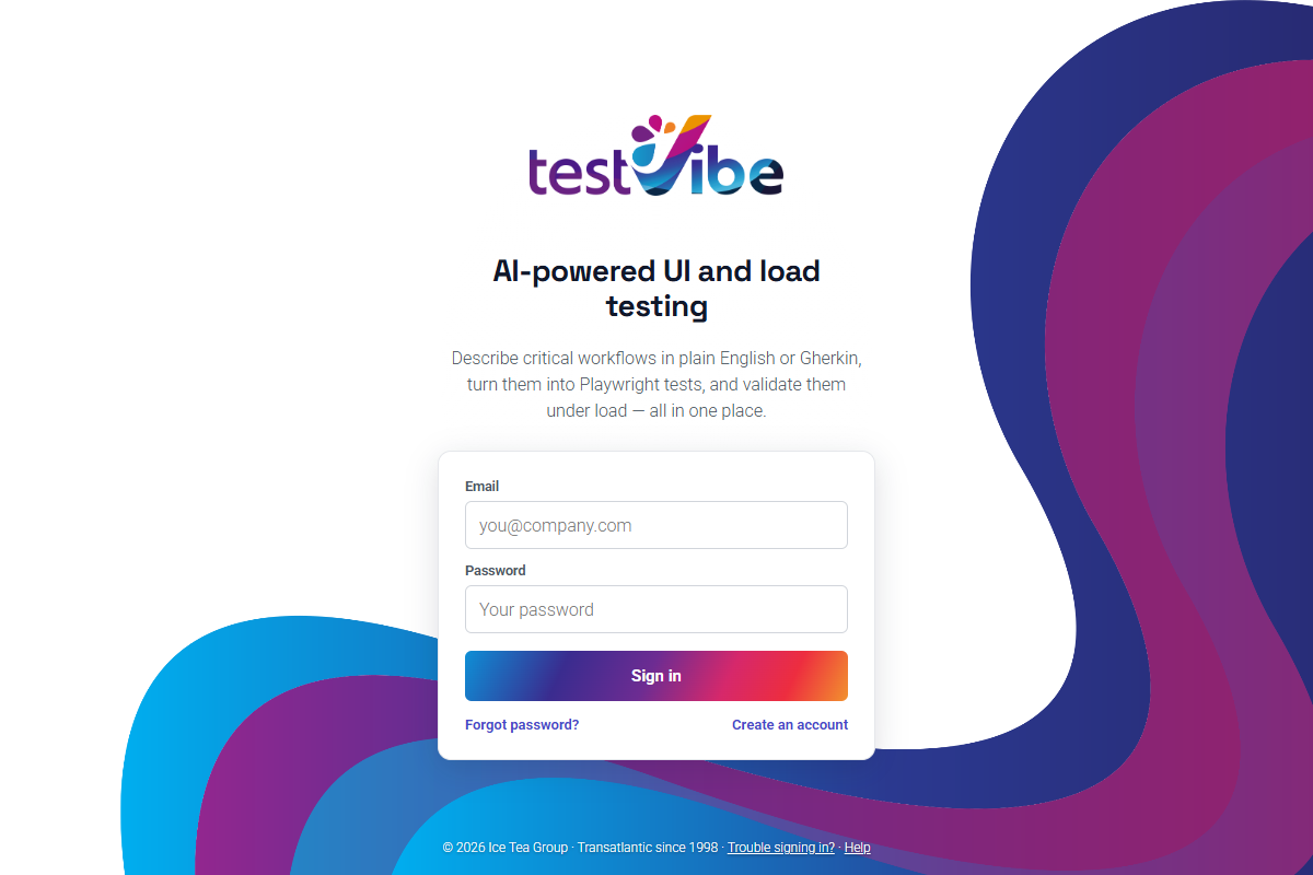 A browser showing the TestVibe application sign-in page served by the appliance, with the testVibe logo, the heading 'AI-powered UI and load testing', and email and password fields.
