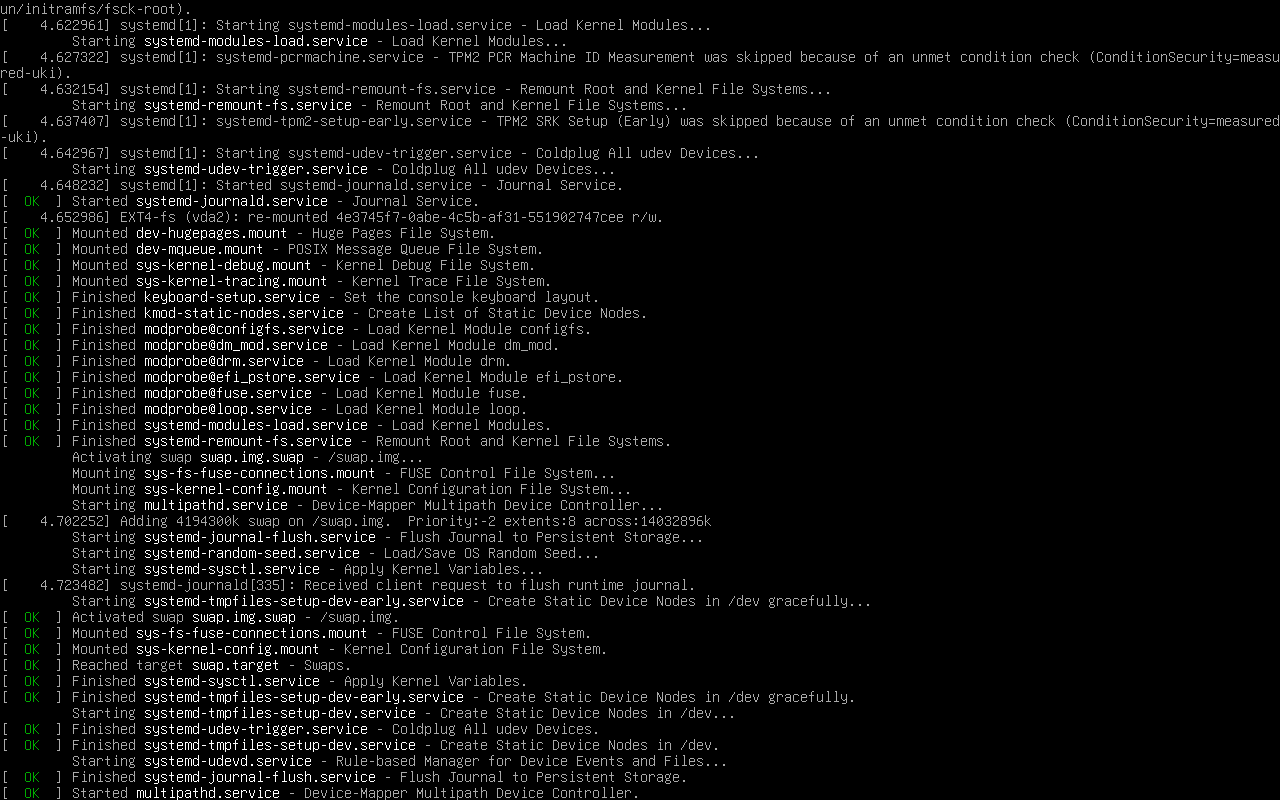 The VM console during boot, showing systemd unit lines each marked OK in green as filesystems mount and services start.
